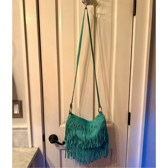 NEW LIATALIA ITALIAN SUEDE LEATHER BOHO TURQUOISE FRINGE CROSSBODY PURSE HANDBAG - Picture 3 of 14